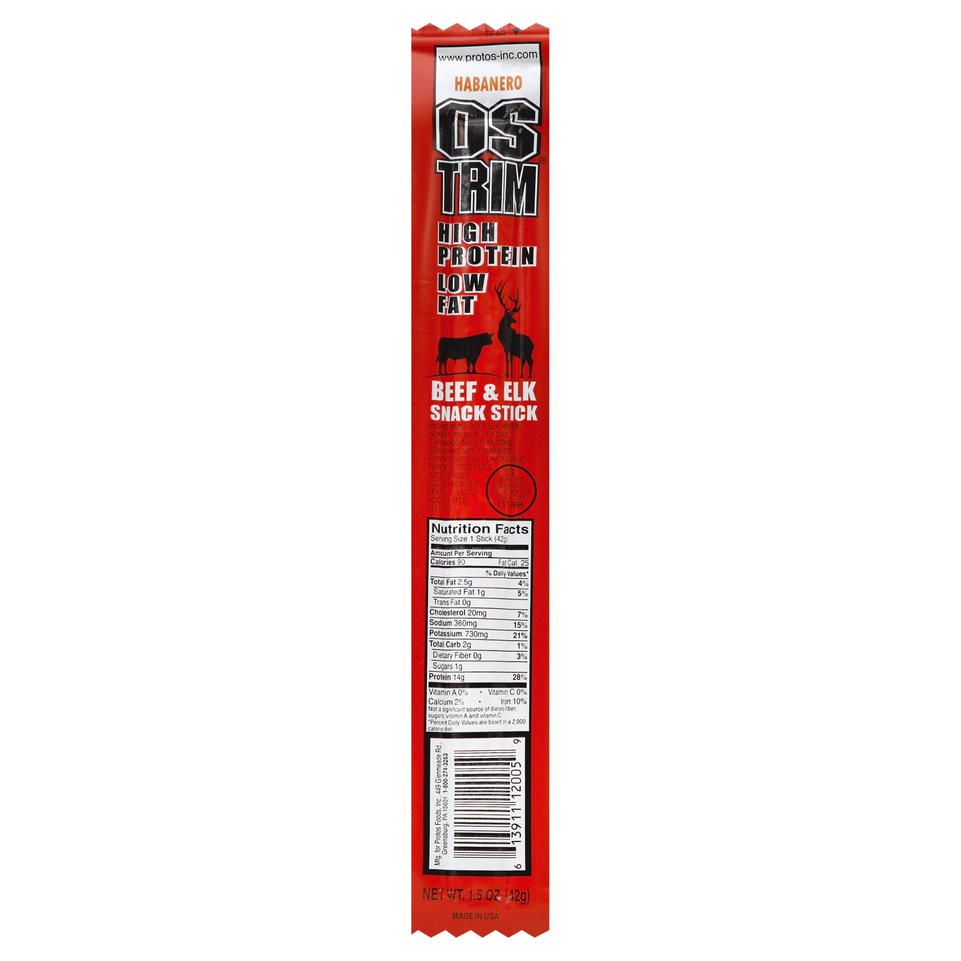 slide 1 of 3, OSTRIM Habanero Flavor Beef and Elk Snack Stick, 1.5 oz