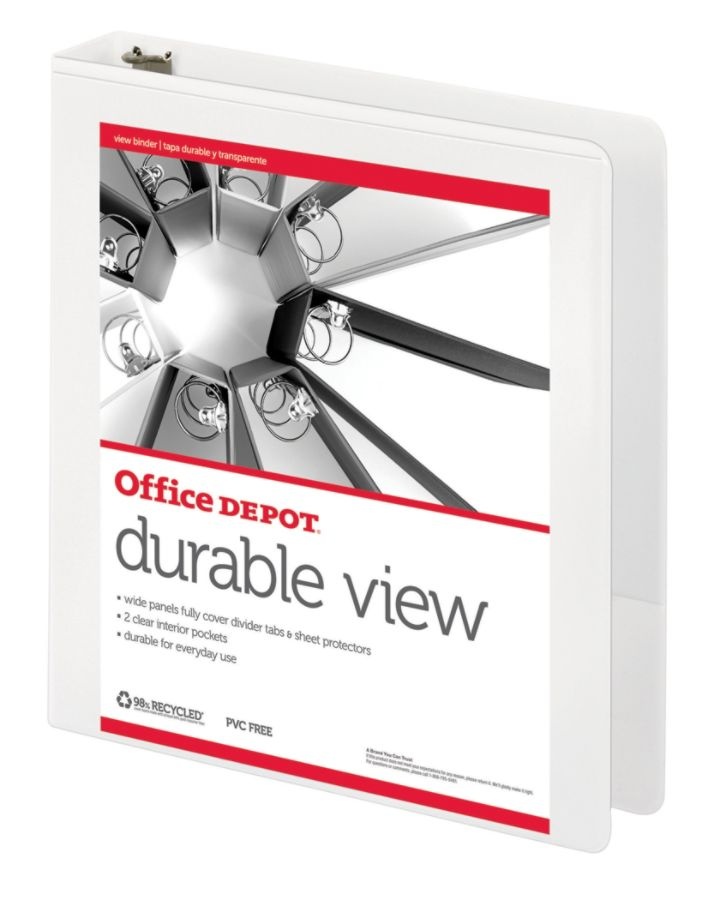 slide 2 of 3, Office Depot Durable View Round-Ring Binder, 1-1/2'' Rings, 61% Recycled, White, 1 ct