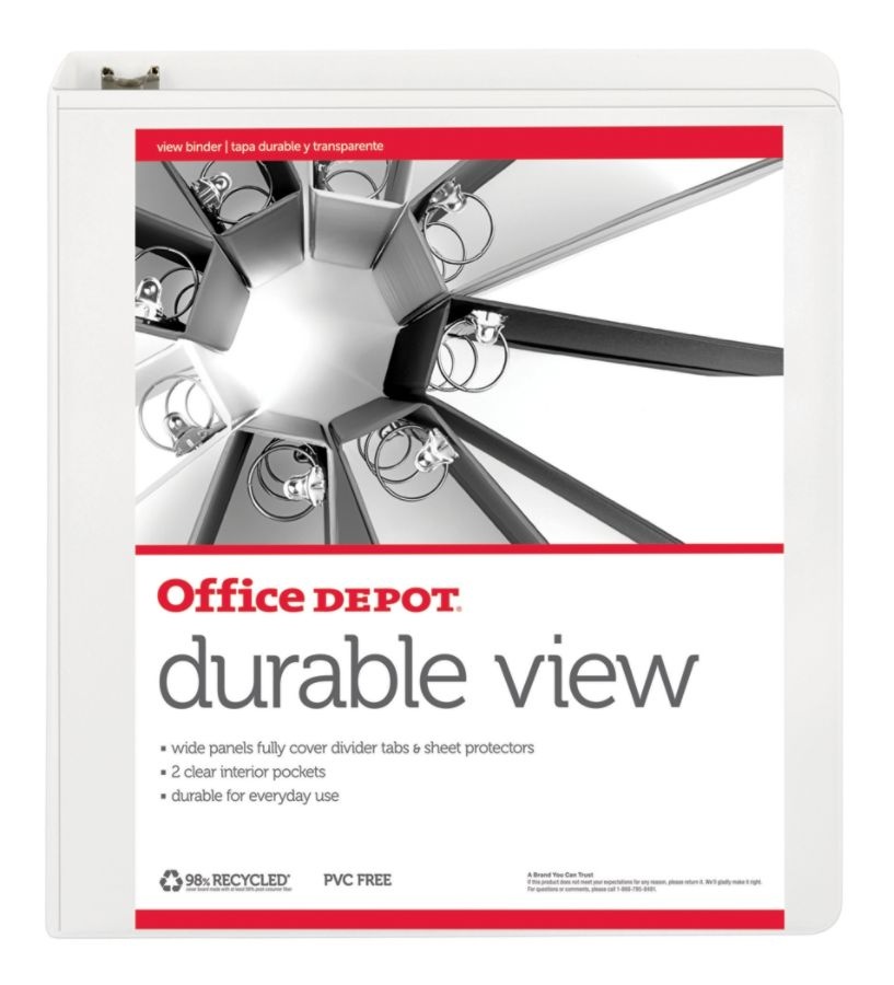 slide 3 of 3, Office Depot Durable View Round-Ring Binder, 1-1/2'' Rings, 61% Recycled, White, 1 ct