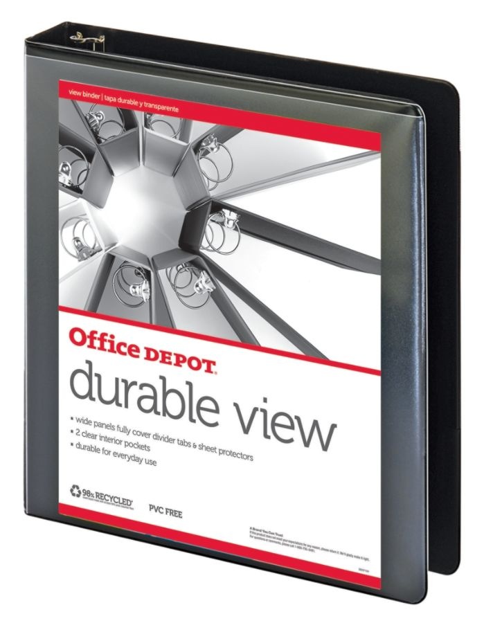 slide 3 of 5, Office Depot Brand Durable View Round-Ring Binder, 1 1/2'' Rings, 61% Recycled, Black, 1 ct