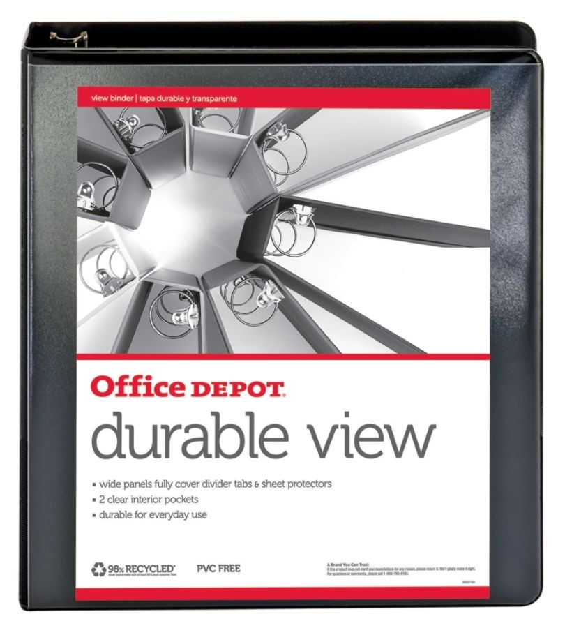 slide 2 of 5, Office Depot Brand Durable View Round-Ring Binder, 1 1/2'' Rings, 61% Recycled, Black, 1 ct