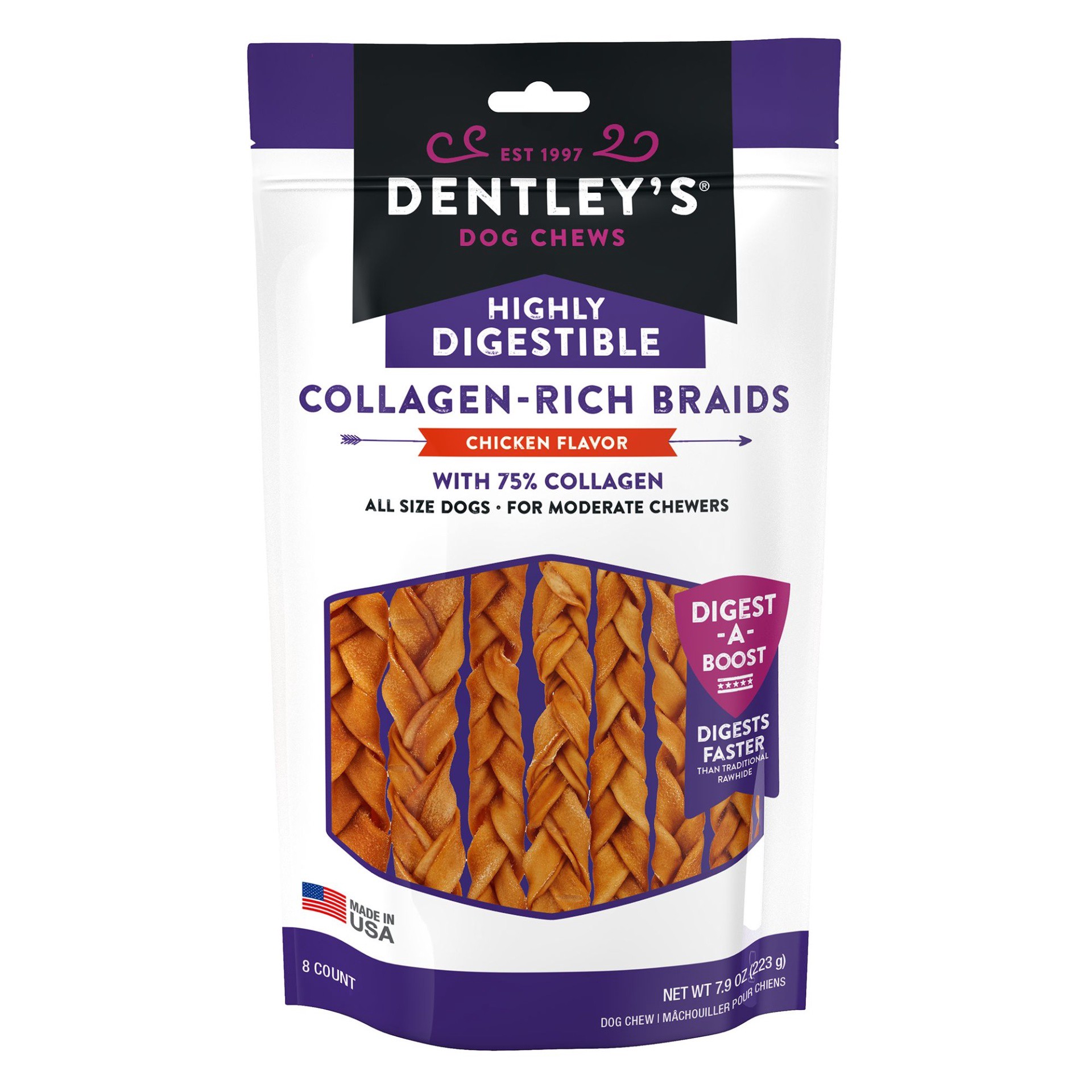 slide 1 of 1, Dentley's Highly Digestable 7 Collagen Braids Dog Chew - Chicken", 8 ct