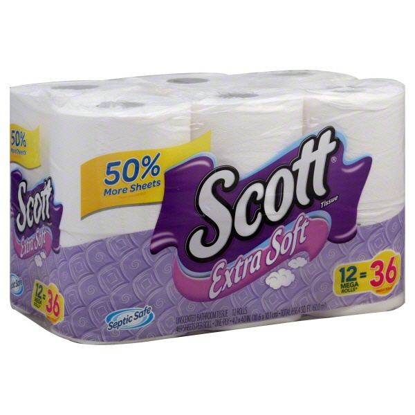 slide 1 of 1, Scott Bathroom Tissue Extra Soft 12 Mega Rolls, 559.2 sq ft