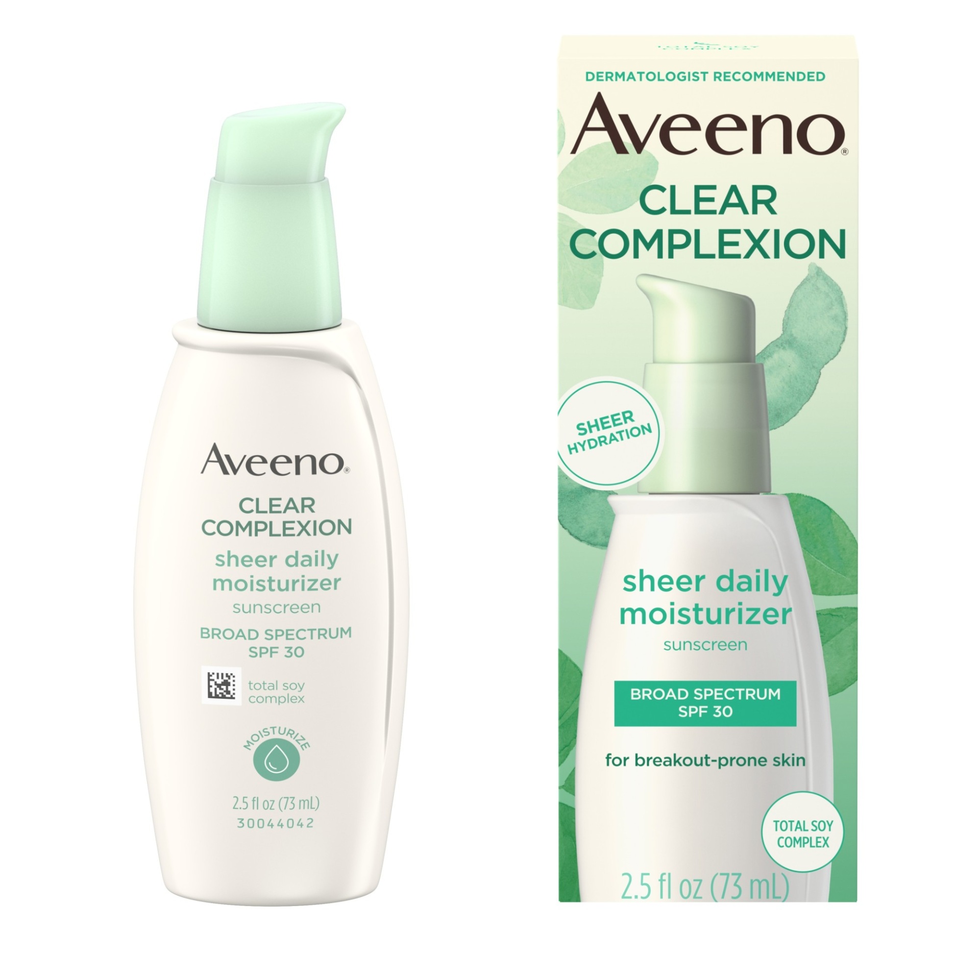 slide 1 of 1, Aveeno Clear Complexion Sheer Daily Face Moisturizer with Broad Spectrum SPF 30 Sunscreen & Total Soy Complex for Breakout-Prone Skin, Non-Greasy, Lightweight & Oil-Free, 2.5 fl oz