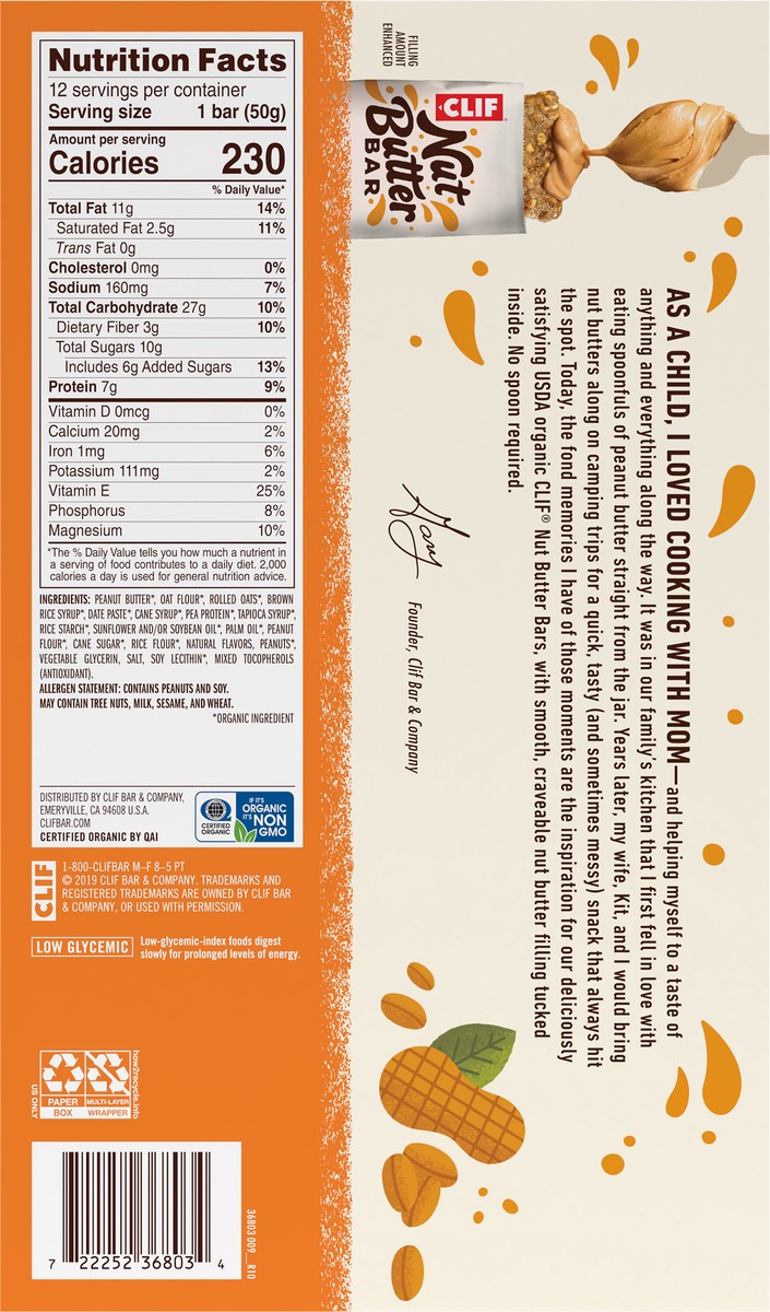 slide 4 of 9, CLIF Nut Butter Bar - Peanut Butter - Filled Energy Bars - Non-GMO - USDA Organic - Plant-Based - Low Glycemic - 1.76 oz. (12 Count), 21.12 oz
