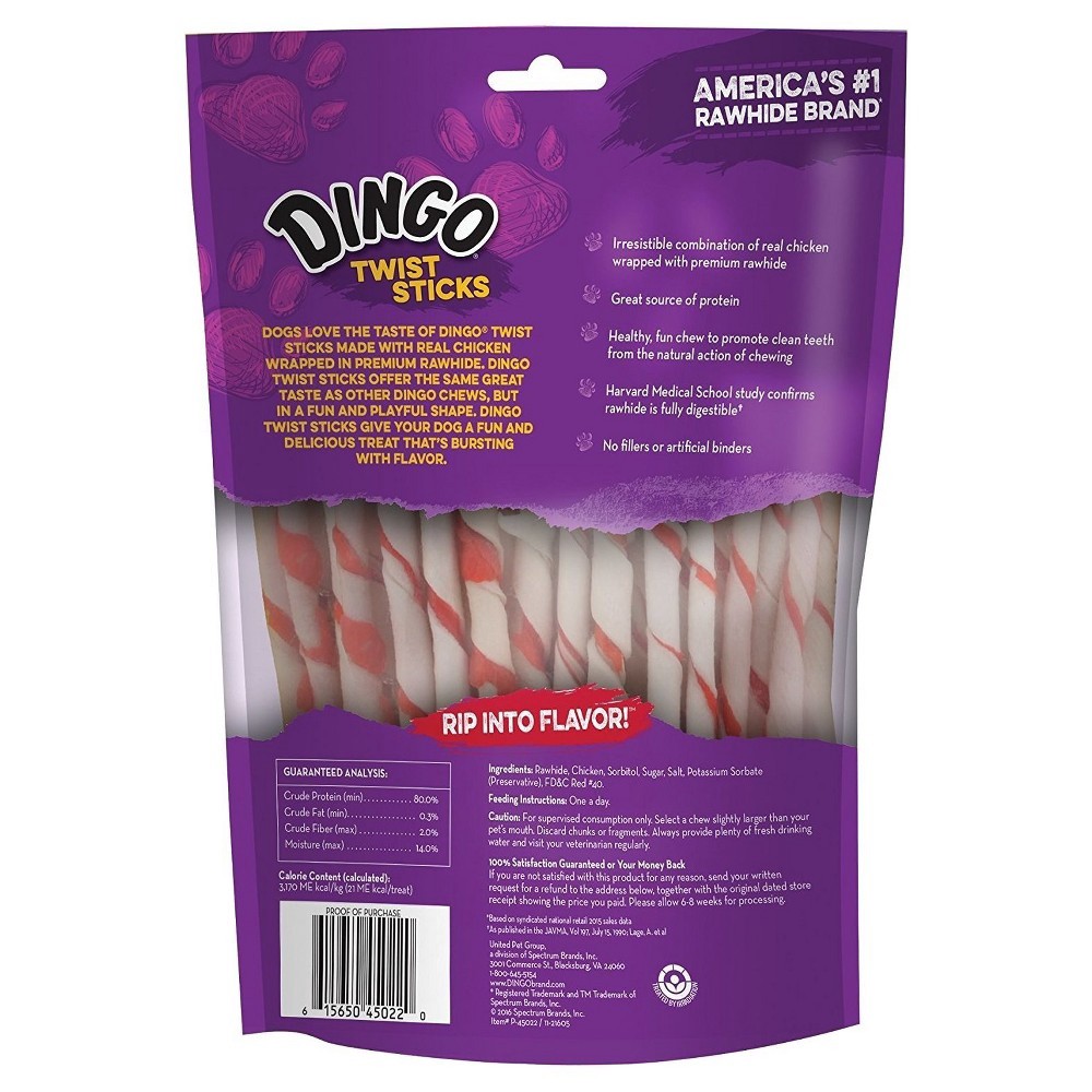 slide 2 of 4, Dingo Twist Sticks Rawhide Chew With Chicken in The Middle, 50 ct