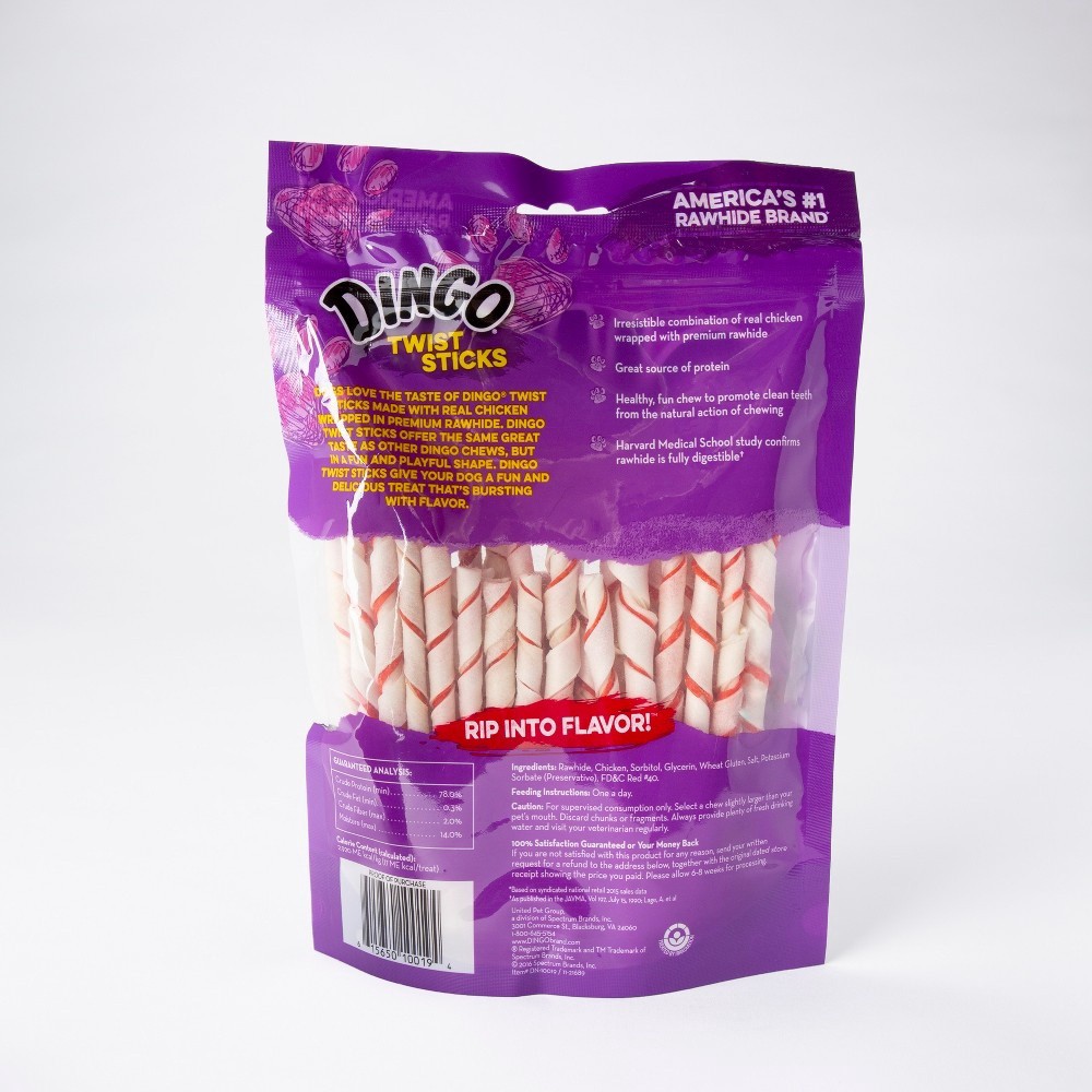 slide 3 of 4, Dingo Twist Sticks Rawhide Chew With Chicken in The Middle, 50 ct