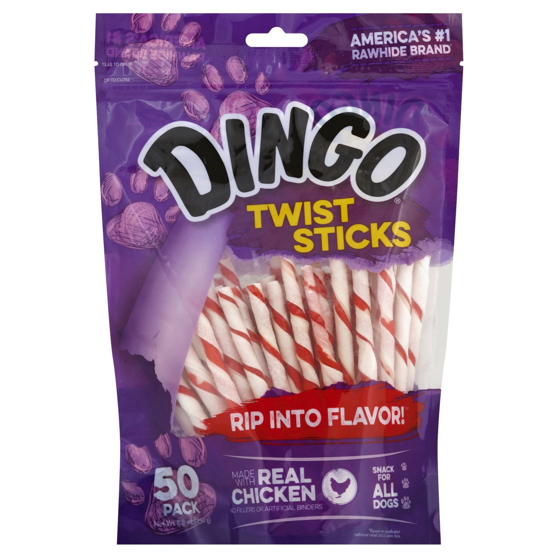 slide 1 of 4, Dingo Twist Sticks Rawhide Chew With Chicken in The Middle, 50 ct