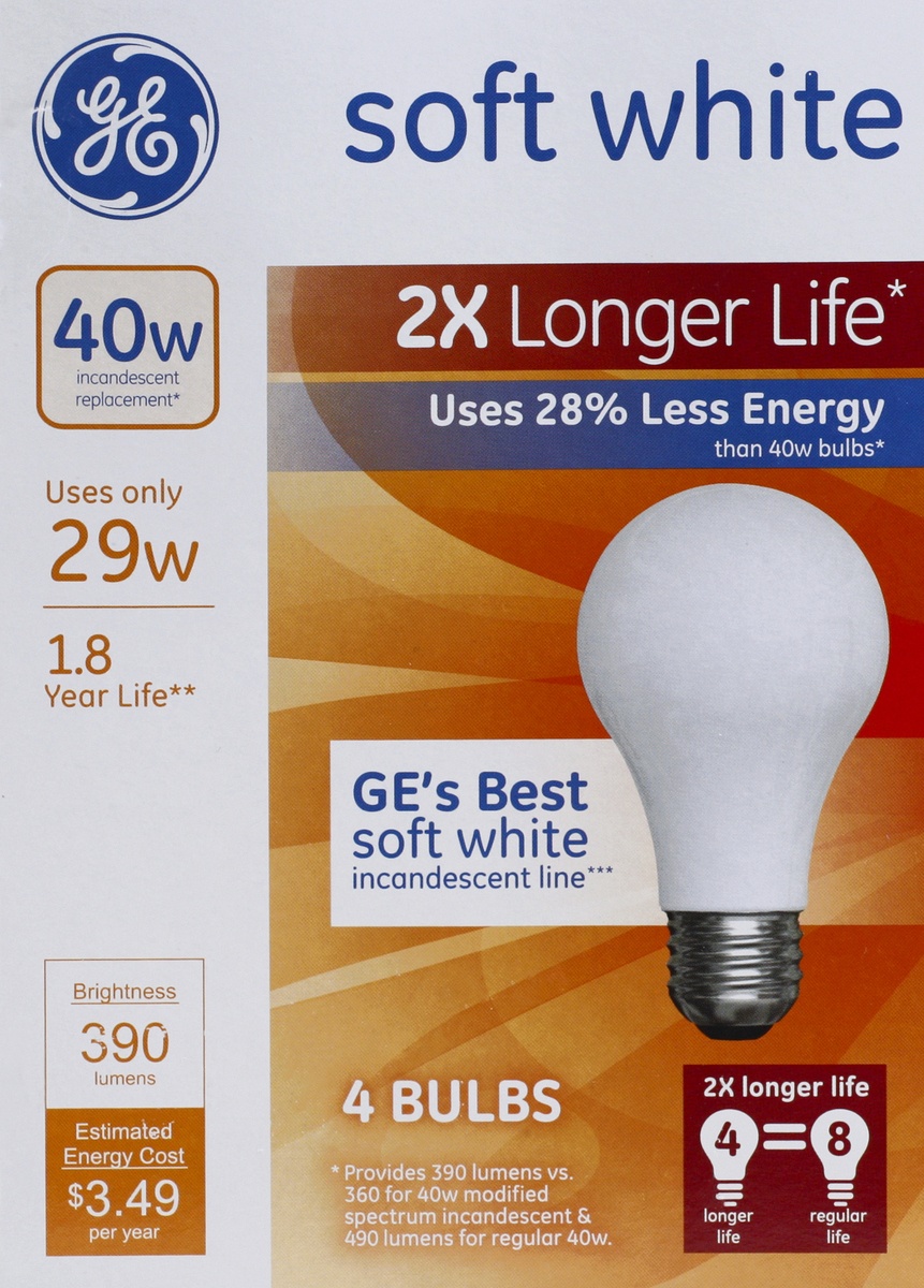 slide 4 of 7, GE 29 Watt Energy Star, A19, Halogen, Long Life, Soft White Bulb, 40 Watt Equivalent, 4 ct