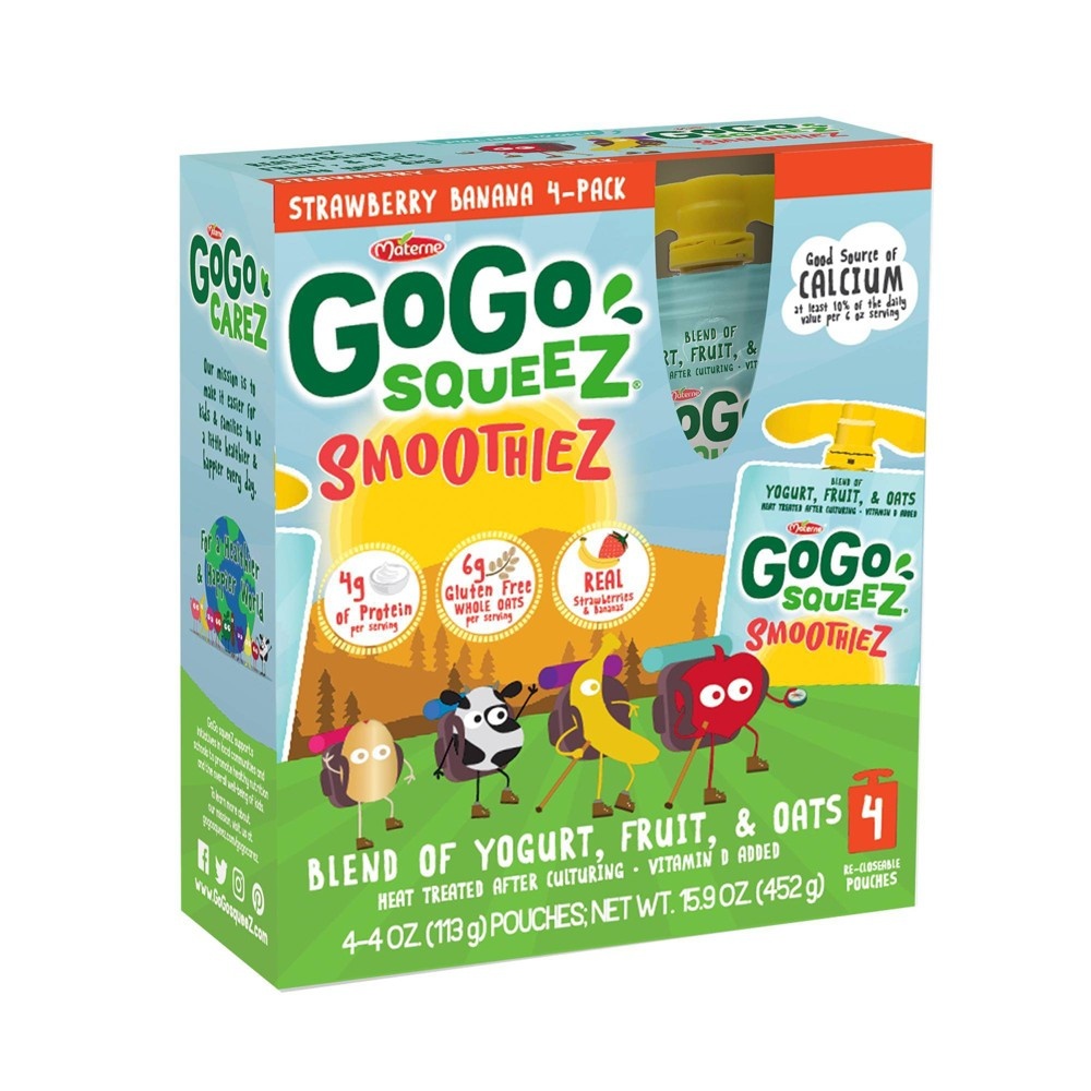 slide 2 of 6, GoGo squeeZ Kids' SmoothieZ, Strawberry Banana, 4 oz, 4 ct
