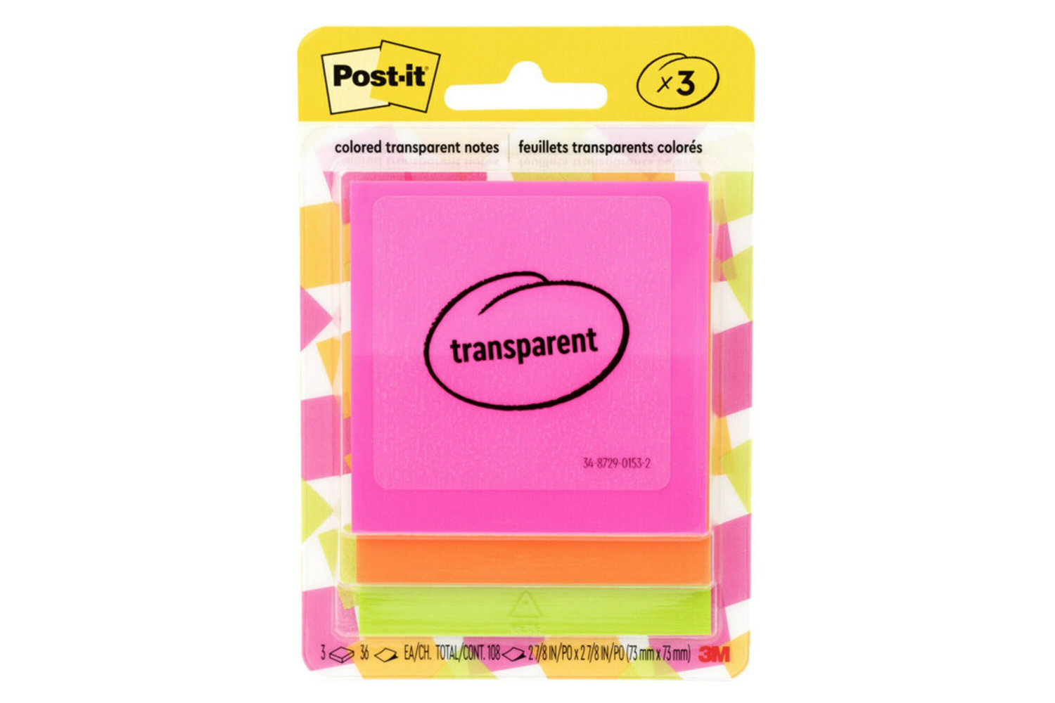 slide 1 of 1, 3M Post-it Transparent Notes, Assorted Colors, 2.8 in. x 2.8 in., 3 Pads/Pack, 1 ct