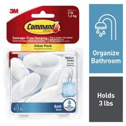 Command Medium Bath Hooks, Value Pack, 6 Medium Water-Resistant Strips/Pack