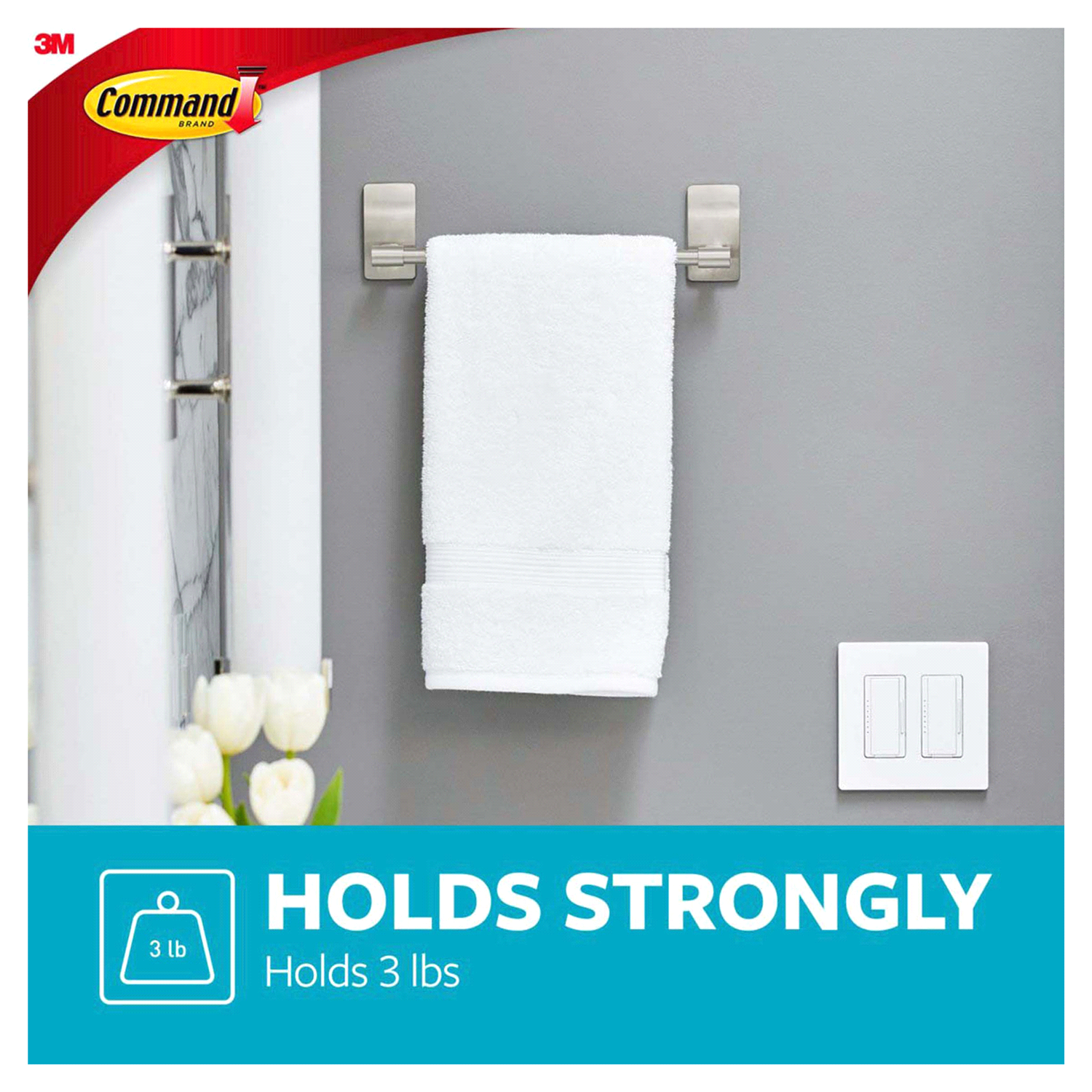slide 2 of 5, Command Damage-Free Hanging Satin Nickel Hand Towel Bar, 9 in