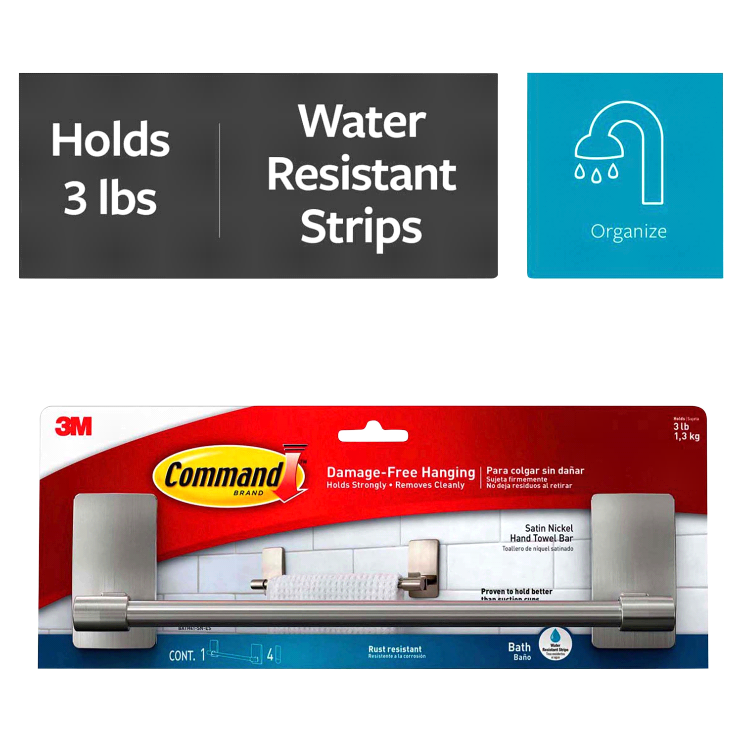 slide 1 of 5, Command Damage-Free Hanging Satin Nickel Hand Towel Bar, 9 in