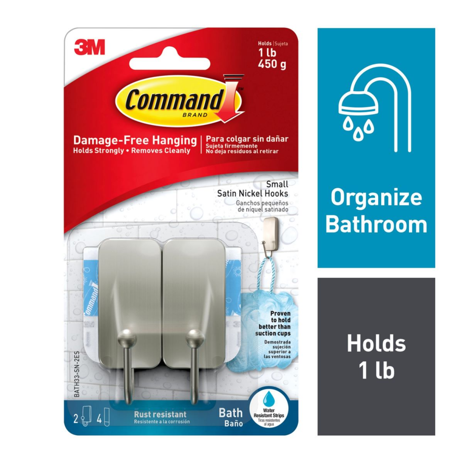 slide 1 of 3, 3M Command Bath Small Hooks Satin Nickel With Strips 2 ct., 2 ct
