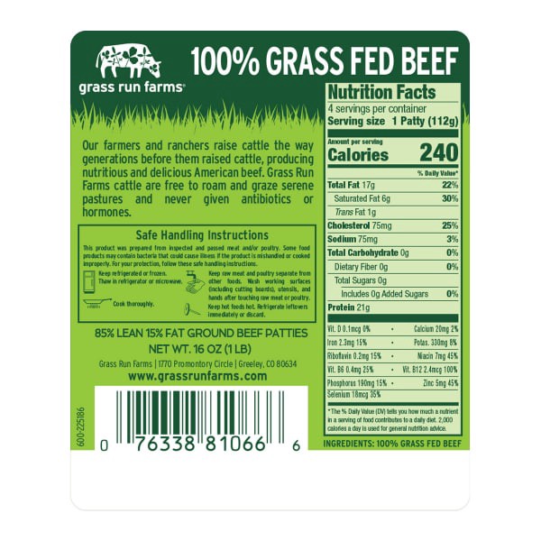 slide 8 of 13, Grass Run Farms Ground Beef Patties, 85% Lean, 15% Fat, 1 lb
