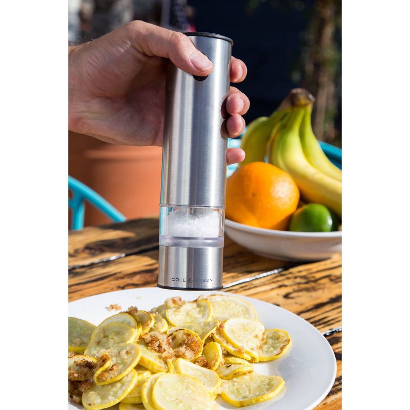 slide 2 of 5, Cole & Mason 8" Stainless Steel Electronic Salt and Pepper Mill Gift Set: Ceramic Grinder, Battery Operated, 2-Piece, 1 ct