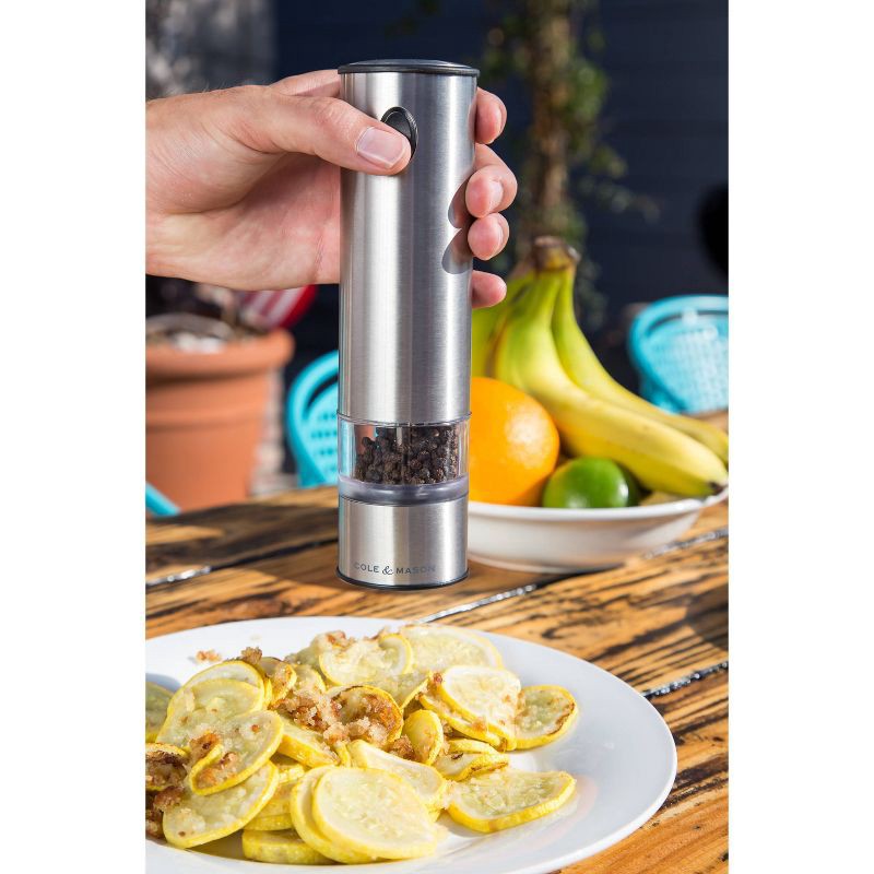 slide 3 of 5, Cole & Mason 8" Stainless Steel Electronic Salt and Pepper Mill Gift Set: Ceramic Grinder, Battery Operated, 2-Piece, 1 ct