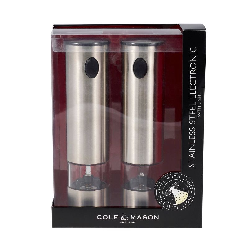 slide 5 of 5, Cole & Mason 8" Stainless Steel Electronic Salt and Pepper Mill Gift Set: Ceramic Grinder, Battery Operated, 2-Piece, 1 ct