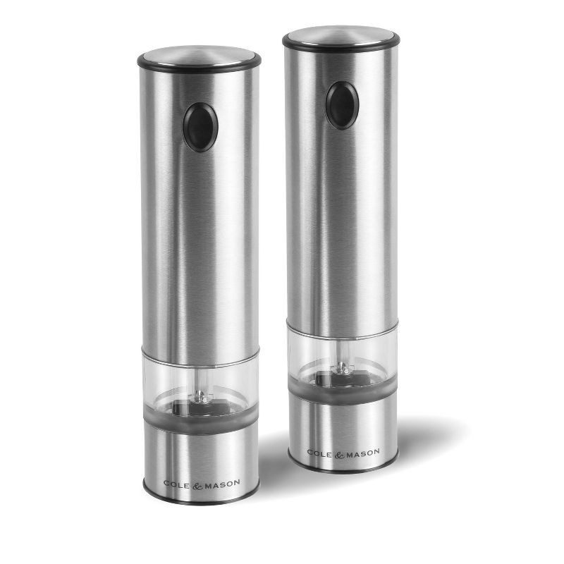 slide 1 of 5, Cole & Mason 8" Stainless Steel Electronic Salt and Pepper Mill Gift Set: Ceramic Grinder, Battery Operated, 2-Piece, 1 ct