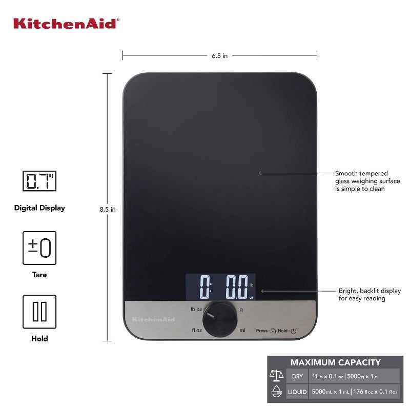 slide 7 of 7, KitchenAid 11lb Glass Surface Digital Kitchen Food Scale Black, 11 lb