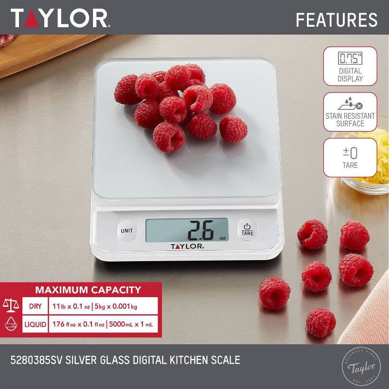 slide 8 of 10, Taylor Digital Kitchen Glass Top 11lb Food Scale Silver, 11 lb