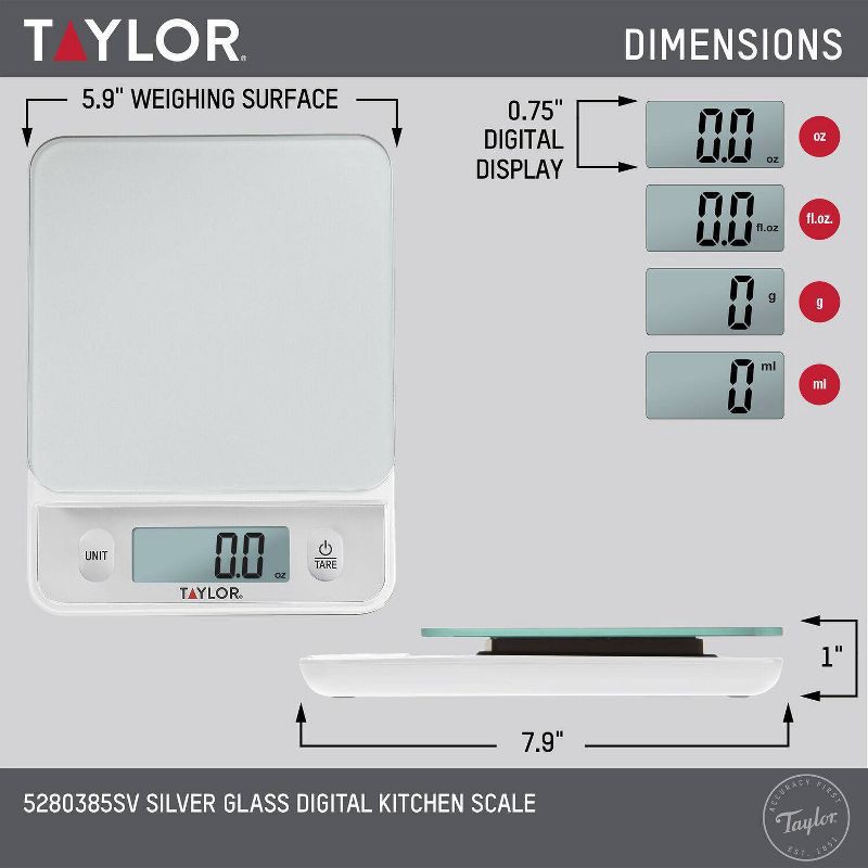 slide 10 of 10, Taylor Digital Kitchen Glass Top 11lb Food Scale Silver, 11 lb