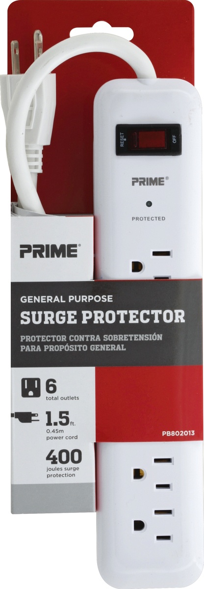 slide 2 of 2, Prime Wire & Cable 6-Outlet Surge Protector - 400 Joule - 1.5 Foot - White, 1 ct