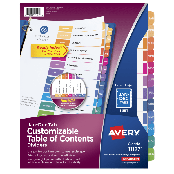 slide 1 of 6, Avery Ready Index Table Of Contents Dividers, Jan.-Dec. Tab, Multicolor, 1 ct