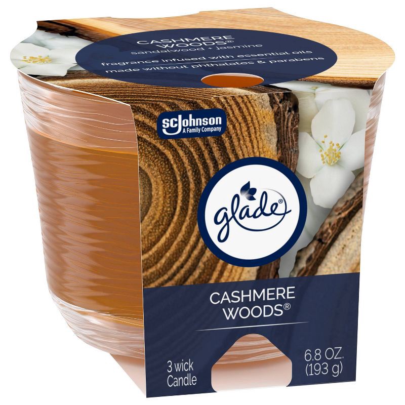 slide 12 of 15, Glade 3 Wick Scented Candle in Glass Jar - Cashmere Woods - 6.8oz, 6.8 oz