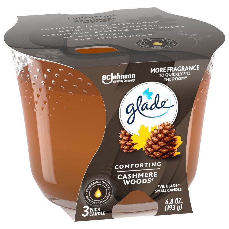 slide 15 of 15, Glade 3 Wick Scented Candle in Glass Jar - Cashmere Woods - 6.8oz, 6.8 oz