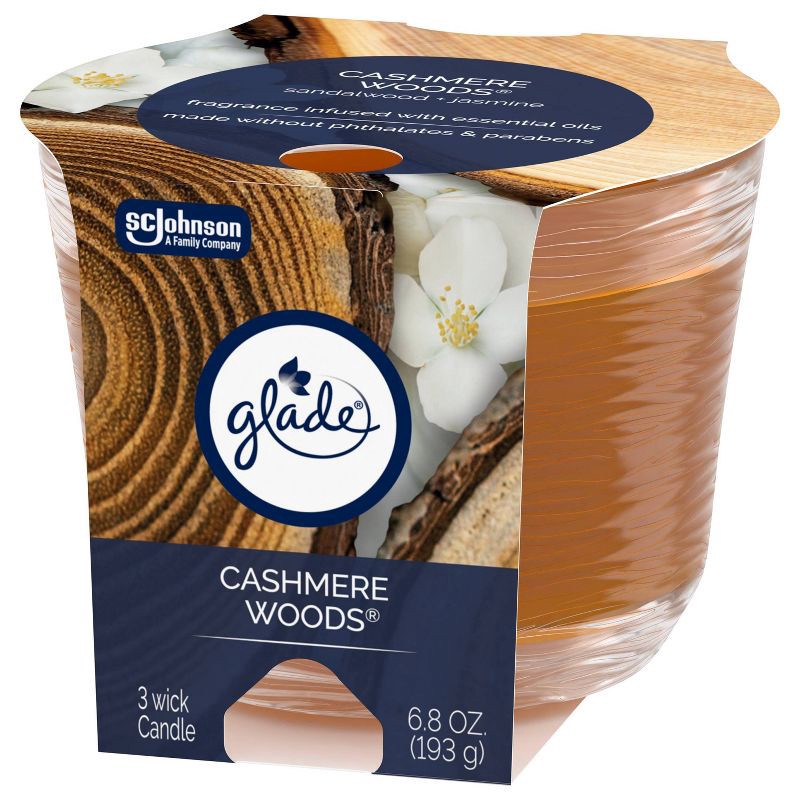 slide 11 of 15, Glade 3 Wick Scented Candle in Glass Jar - Cashmere Woods - 6.8oz, 6.8 oz