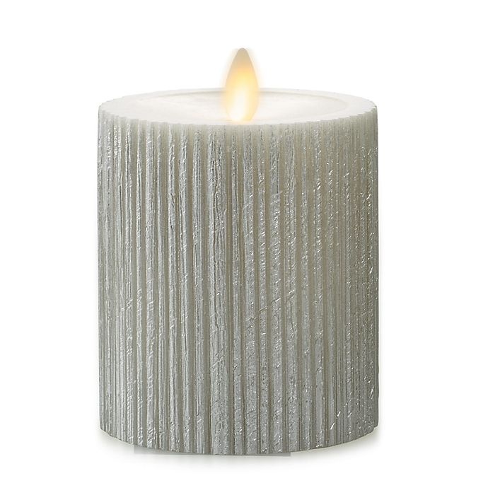 slide 1 of 3, Luminara Moving Flame Champagne Ribbed Real-Flame Effect Pillar Candle, 4.5 in