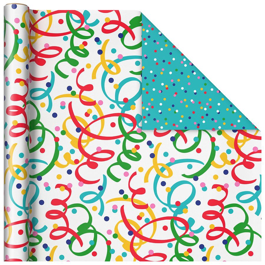 slide 2 of 3, Hallmark Reversible Wrapping Paper, Streamers/Polka Dots on Blue, 1 ct