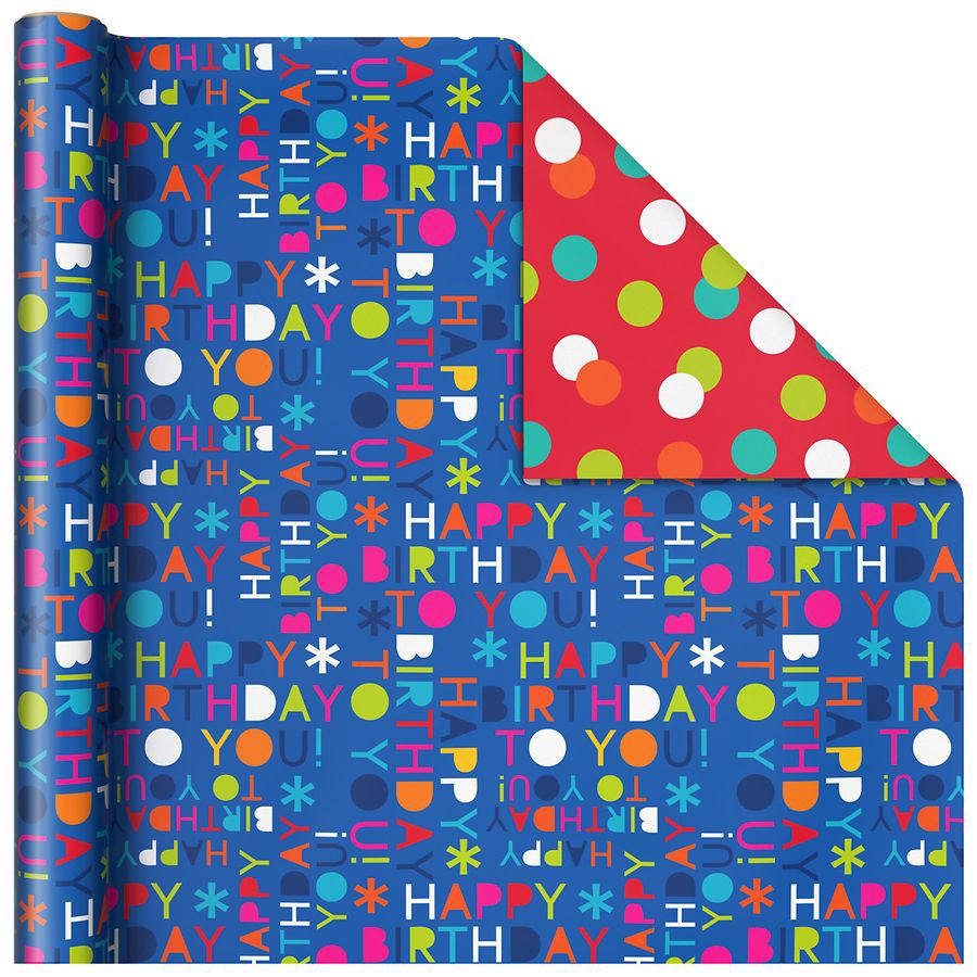 slide 3 of 3, Hallmark Reversible Birthday Wrapping Paper, Blue Happy Birthday and Red with Dots (1 Roll: 20 sq. ft.), 4 oz