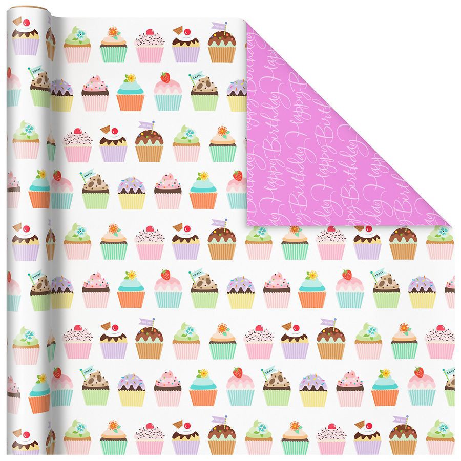 slide 2 of 3, Hallmark Reversible Wrapping Paper, Cupcakes/Pink Happy Birthday, 1 ct
