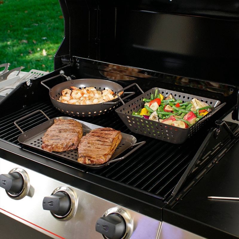slide 5 of 5, Char-Broil 3pc Grilling Topper Set Black: Non-Stick, Hand Washable, Steel Cookware with Handles, 3 ct