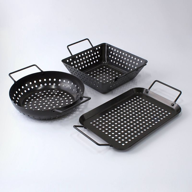 slide 1 of 5, Char-Broil 3pc Grilling Topper Set Black: Non-Stick, Hand Washable, Steel Cookware with Handles, 3 ct