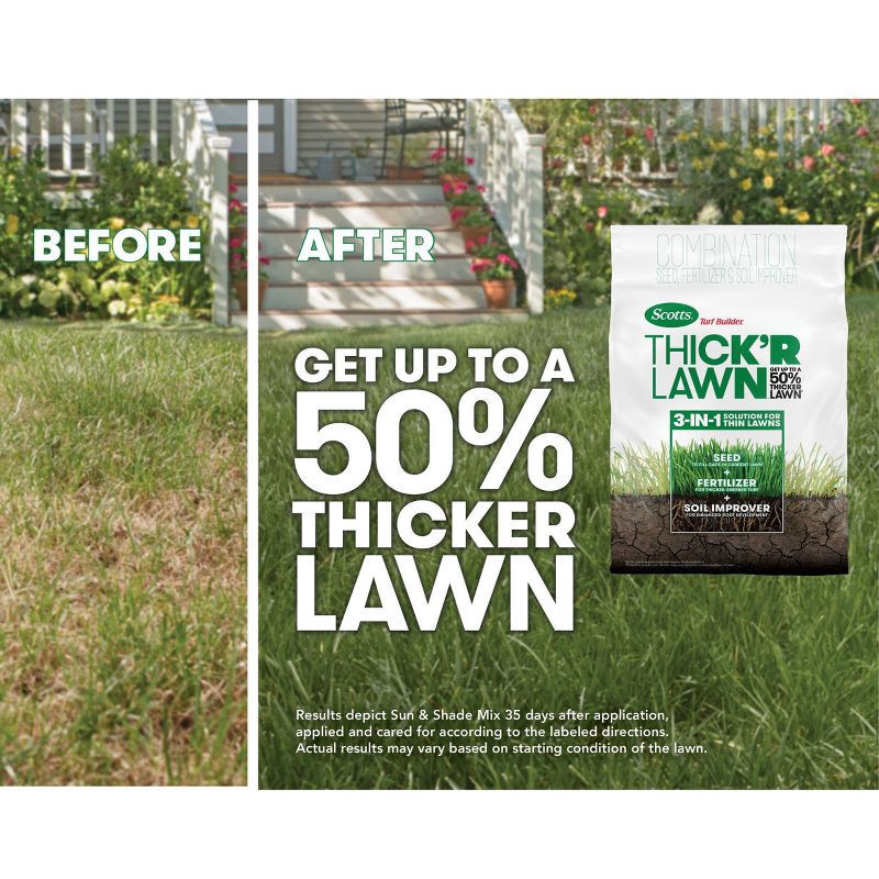 slide 4 of 11, Scotts 3-in-1 Thick'R Lawn Sun & Shade Soil: Soil Improver, Seed, Fertilizer, 50% Thicker Lawn, 1 ct
