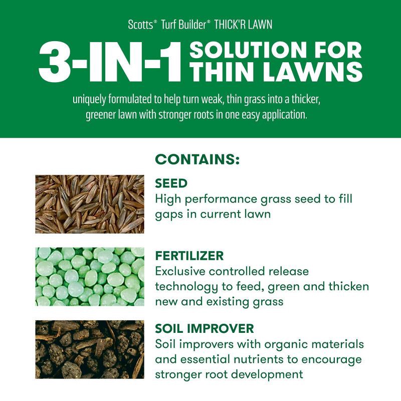 slide 8 of 11, Scotts 3-in-1 Thick'R Lawn Sun & Shade Soil: Soil Improver, Seed, Fertilizer, 50% Thicker Lawn, 1 ct