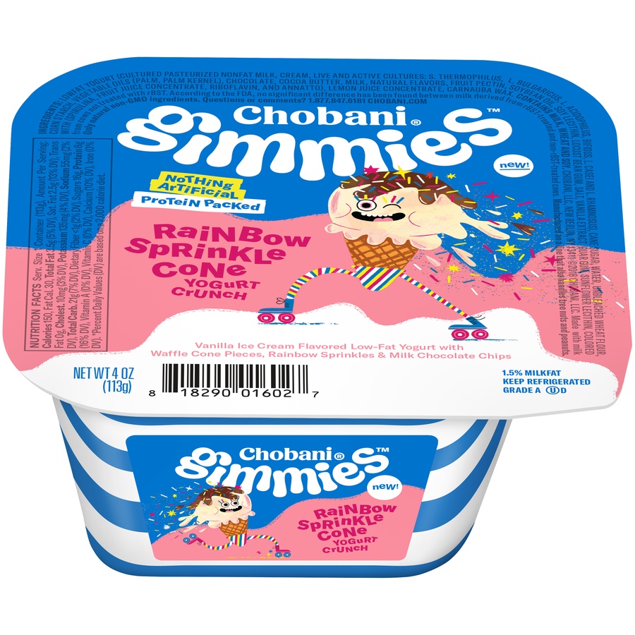 slide 1 of 8, Chobani Gimmies Rainbow Sprinkle Cone Greek Style Yogurt Crunch Mix-In, 4 oz