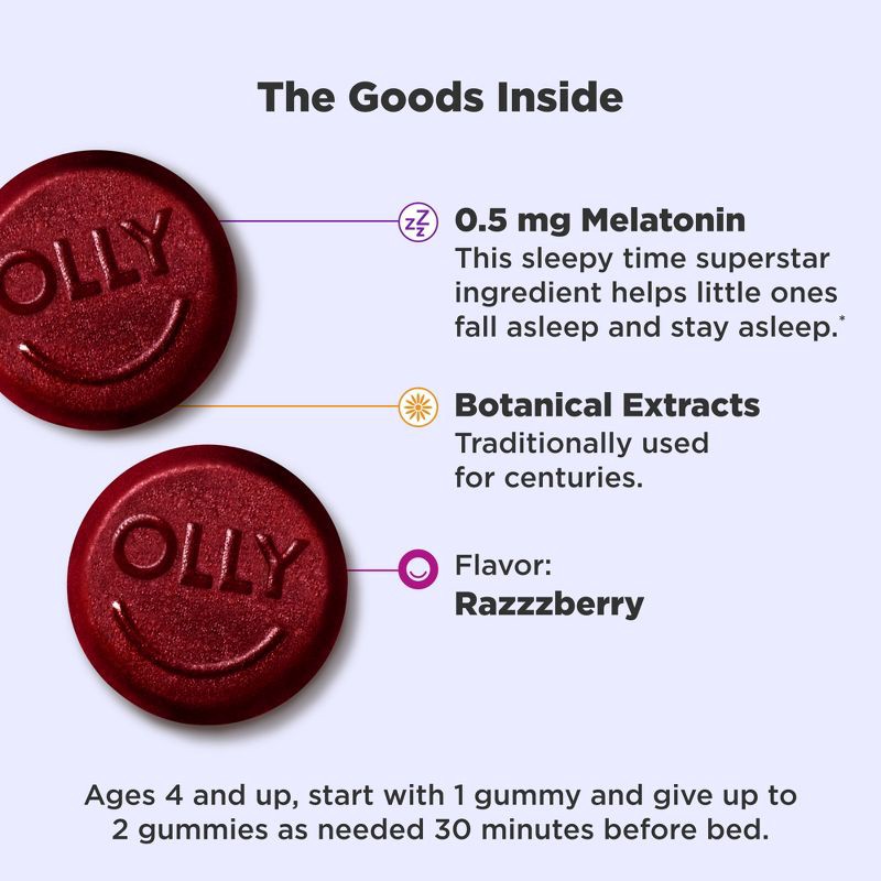 slide 3 of 9, OLLY Kids' Sleep Gummies with .5mg Melatonin - Raspberry - 50ct, .5mg, 50 ct