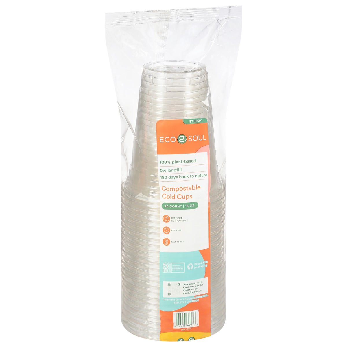 slide 8 of 9, Eco Soul 16 OZ Compostable Cold Cups 25 ea, 25 ct
