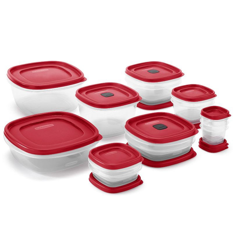 slide 1 of 3, Rubbermaid 28pc Plastic Food Storage Container Set: BPA-Free, Microwave & Freezer Safe, Dishwasher Safe, Red/Clear, 28 ct