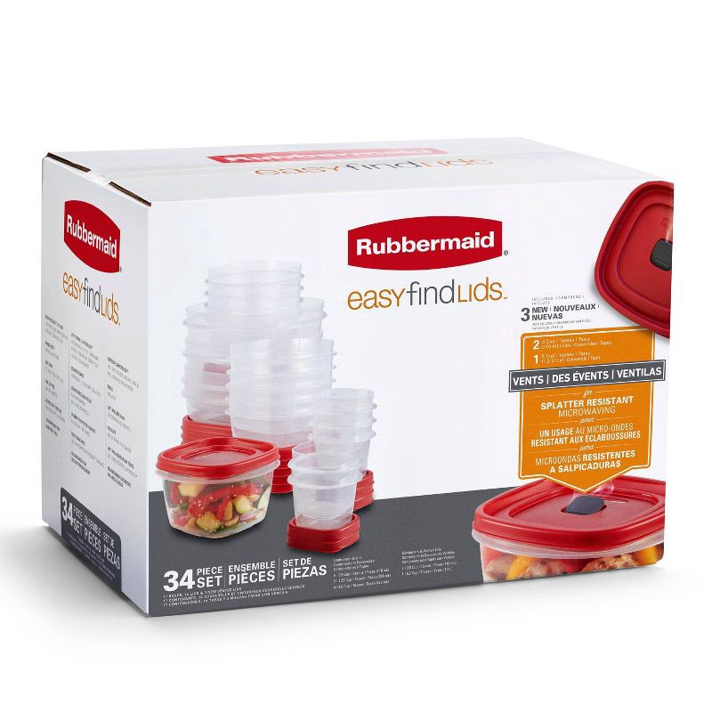 slide 2 of 4, Rubbermaid 34pc Plastic Food Storage Container Set: BPA-Free, Dishwasher & Microwave Safe, Clear & Red, 34 ct