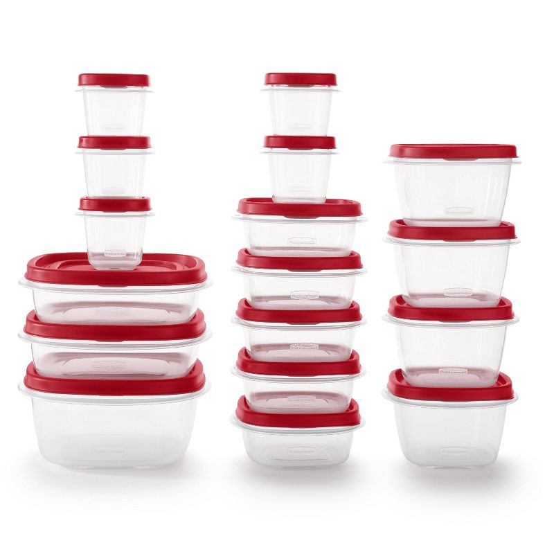 slide 1 of 4, Rubbermaid 34pc Plastic Food Storage Container Set: BPA-Free, Dishwasher & Microwave Safe, Clear & Red, 34 ct