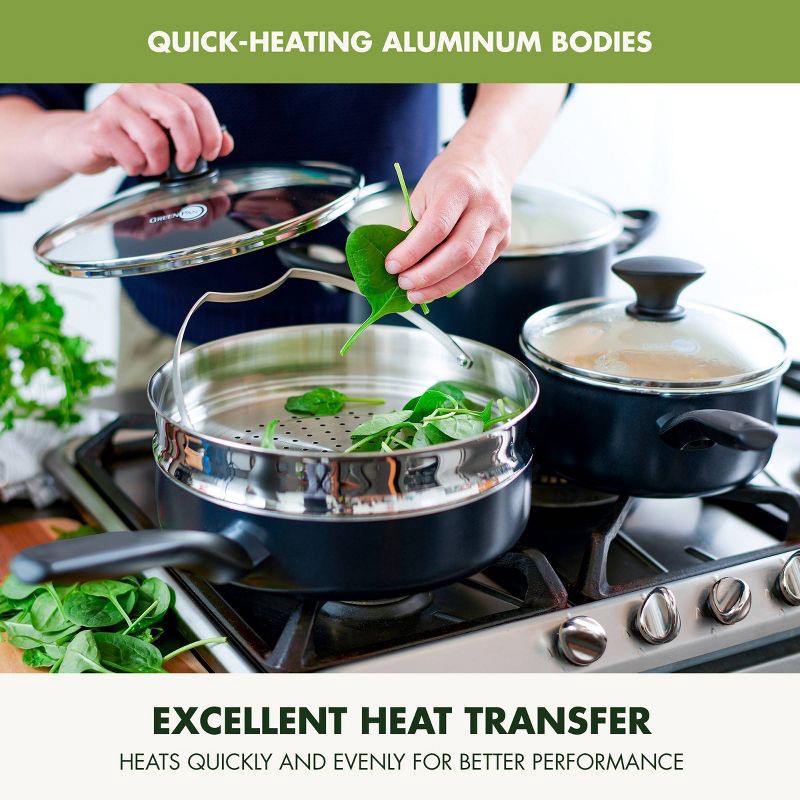 slide 3 of 9, GreenPan Rio 16pc Ceramic Nonstick Cookware Set Black: Pans & Pot Set, Nonstick, Glass Lids, Dishwasher & Oven Safe, 16 ct