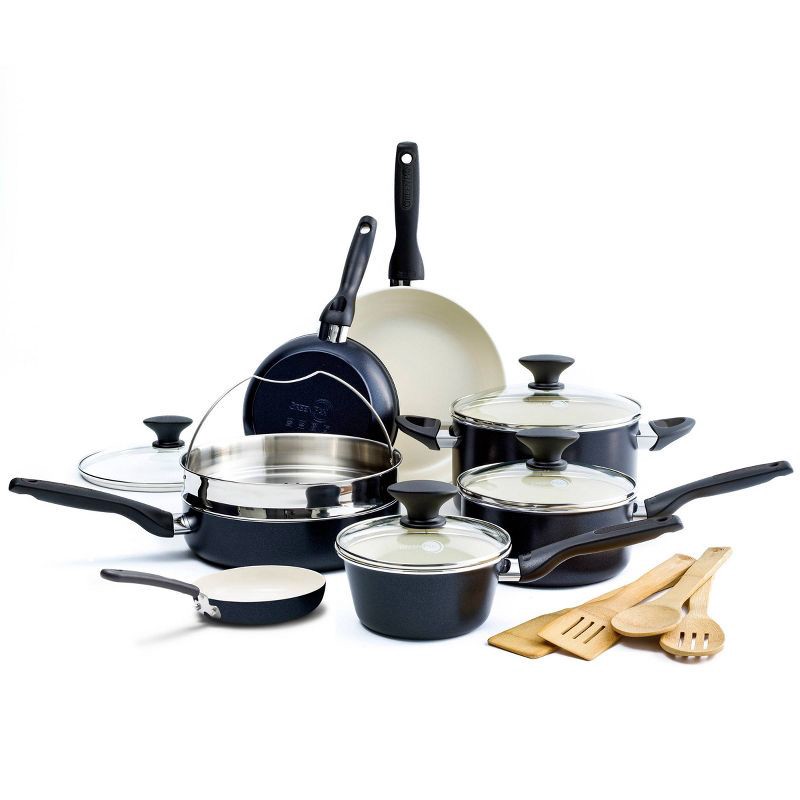 slide 1 of 9, GreenPan Rio 16pc Ceramic Nonstick Cookware Set Black: Pans & Pot Set, Nonstick, Glass Lids, Dishwasher & Oven Safe, 16 ct