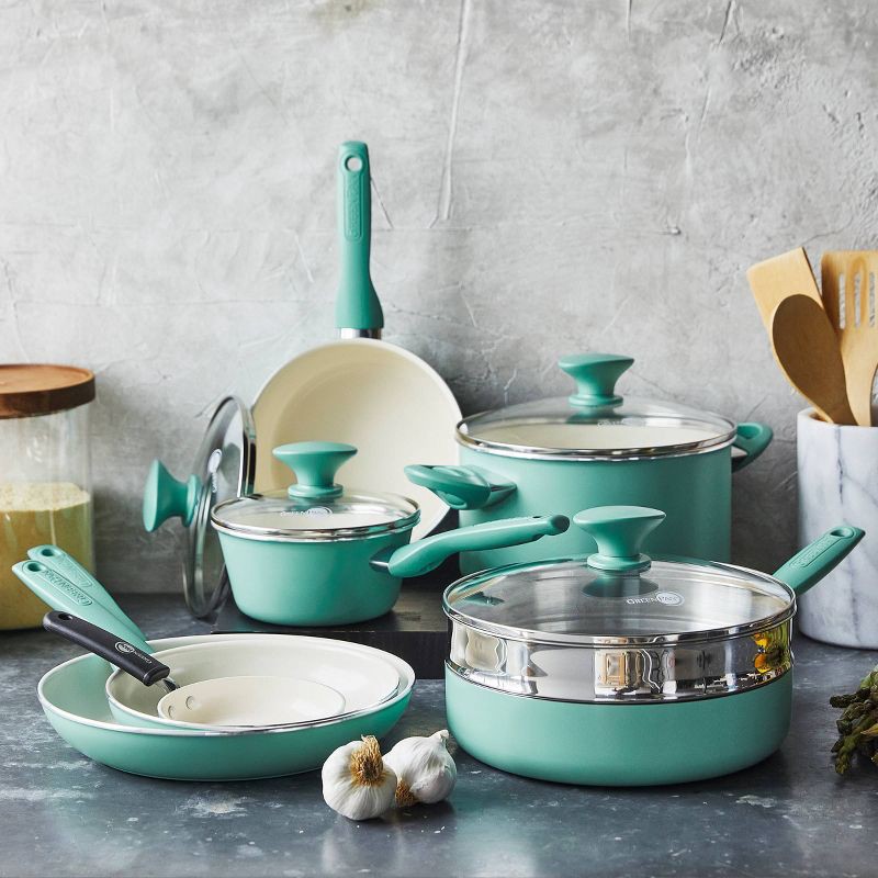 slide 2 of 7, GreenPan Rio 16pc Ceramic Nonstick Cookware Set Turquoise: Pans & Pot Set, Glass Lids, Dishwasher & Oven Safe, Non-Induction, 16 ct