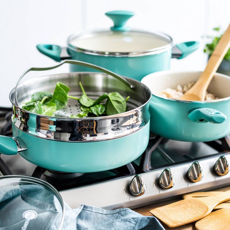 slide 6 of 7, GreenPan Rio 16pc Ceramic Nonstick Cookware Set Turquoise: Pans & Pot Set, Glass Lids, Dishwasher & Oven Safe, Non-Induction, 16 ct